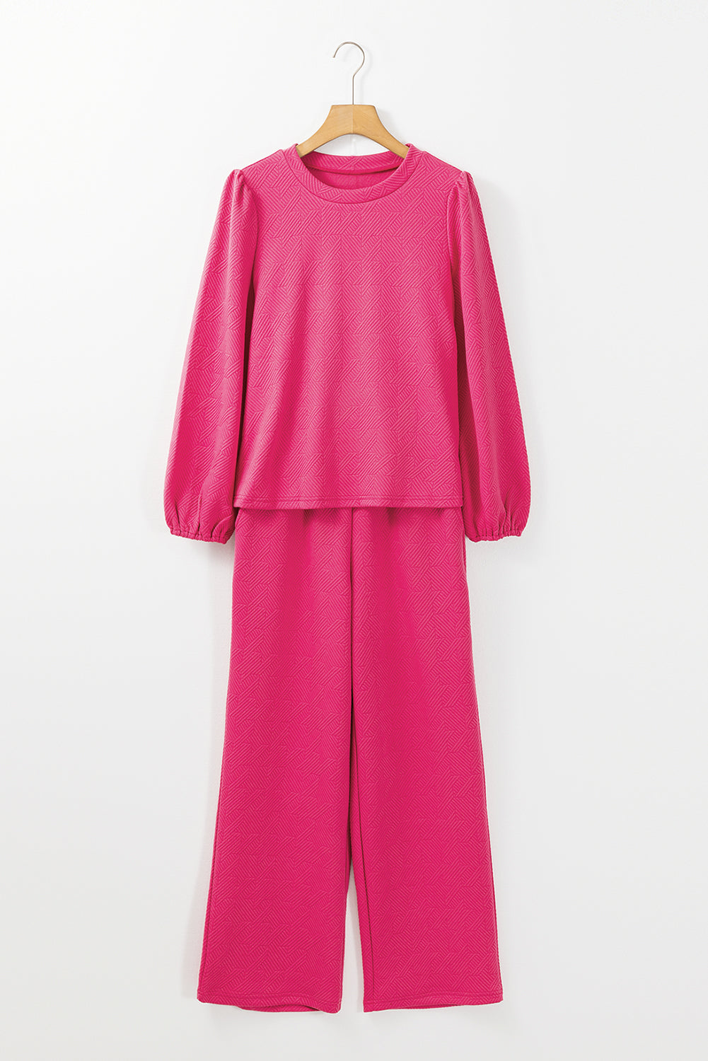 Ensemble haut et pantalon texturé à manches bouffantes rose rouge