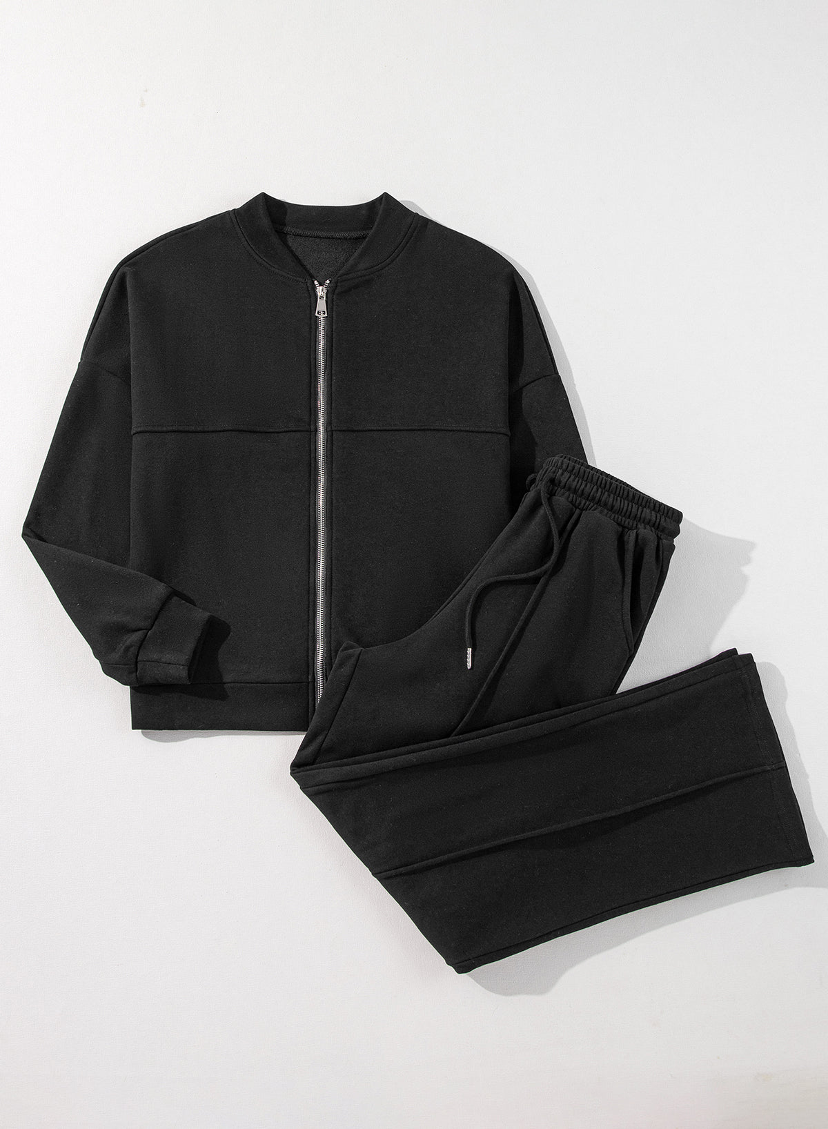 Ensemble veste zippée noire à coutures unies et pantalon à taille avec cordon de serrage-A WOMAN WE LOVE