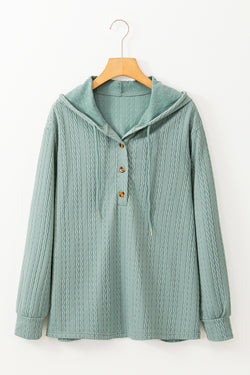 Mint Green Textured Drawstring Hooded Long Sleeve Button Front Top