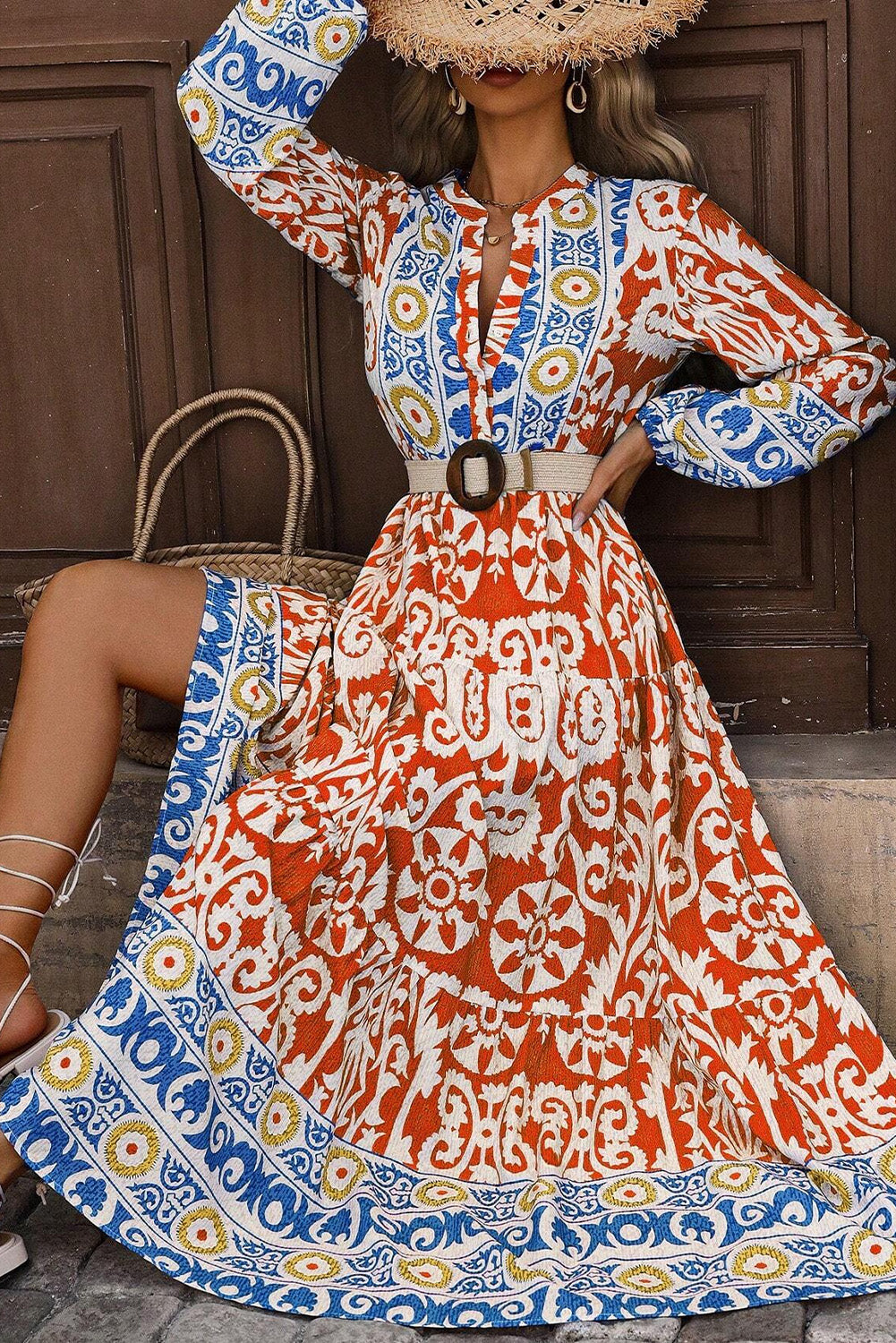 Orange Boho Geométrico impreso en manga larga MAXI MAXI Vestido