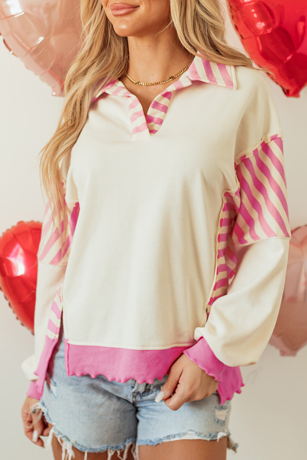 French Terry knitting top in patchwork collar and pink stripes