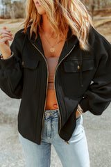 Black hooded zipped jacket with tightening cord and flap pocket