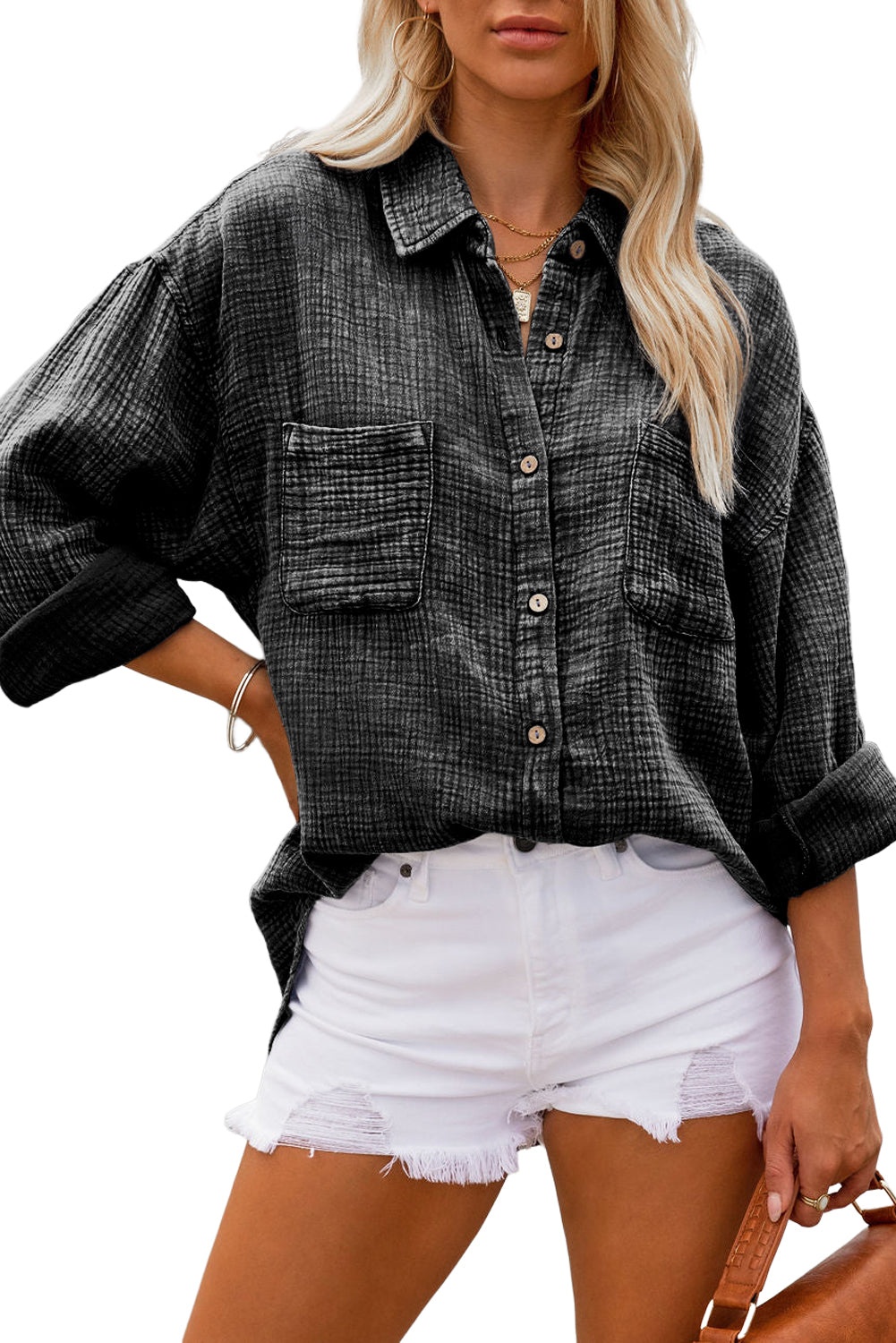 Black Mineral Wash Crinking Textured Poches Shirts