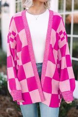 Cardigan ouvert sur le devant à bordure côtelée imprimé à carreaux rouge rose-A WOMAN WE LOVE