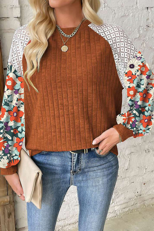 Cinnamon Floral Patchwork Long Sleeve Ribbed Blouse