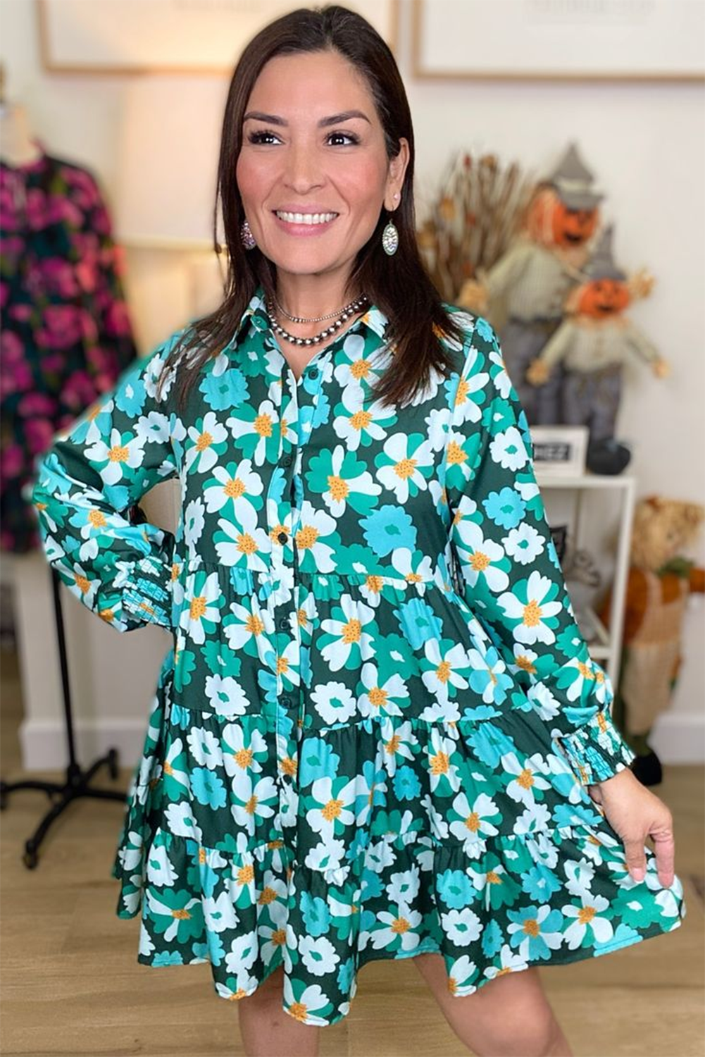 Green floral shirt dress with long puffed sleeves