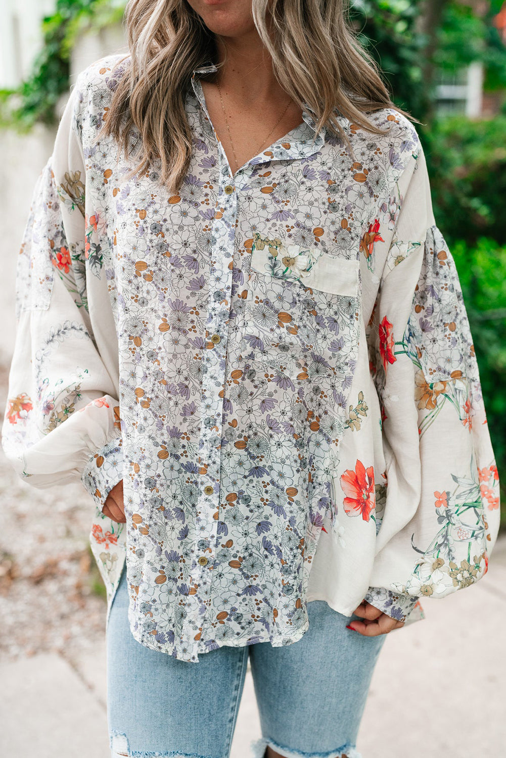 Chemise ample boutonnée à manches évêque florales Boho violettes