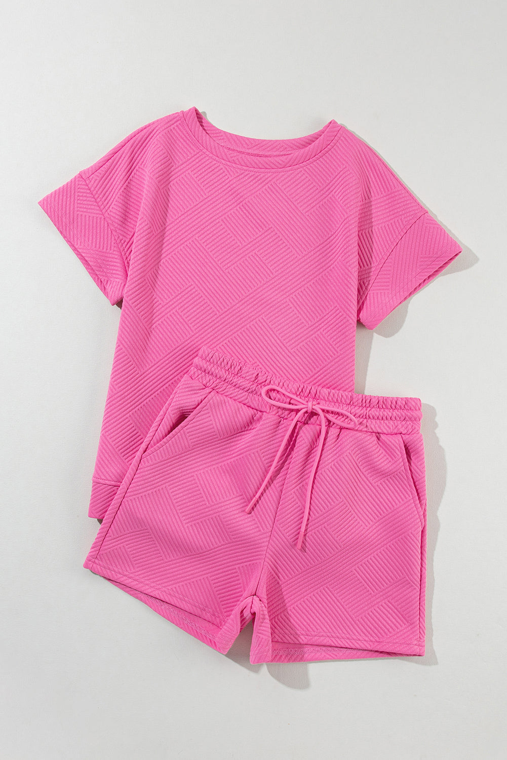 Erdbeer -Pink -2pcs Feste strukturierte Kordelskordel -Shorts Set