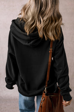 Black thick hoodie with kangaroo pocket and fleece-lined drawstring