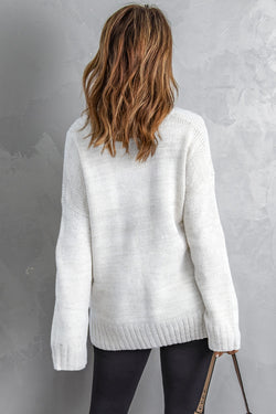 White V-neck Dropped Shoulder Knitted Sweater