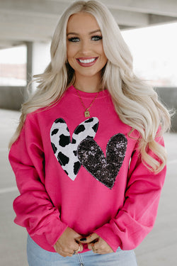 Strawberry Pink Sequin Double Heart Graphic Sweatshirt