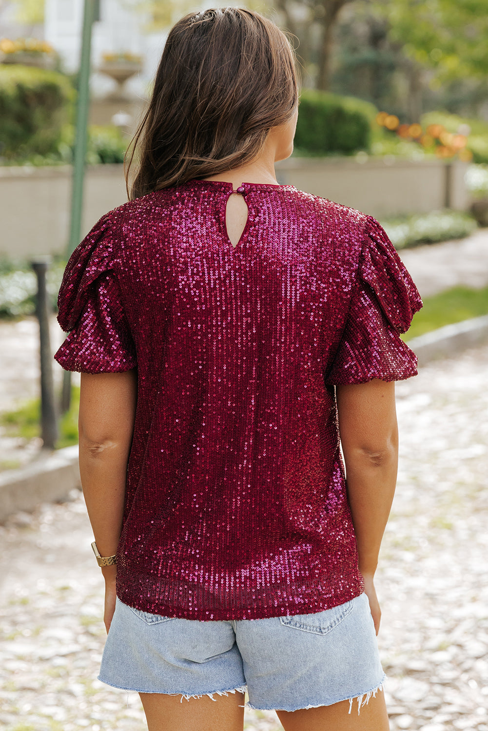 Burgund glitzernde Pailletten Kurzblasenbluse