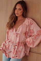 Chemisier multicolore à fleurs et pompons, col en V, manches bouffantes-A WOMAN WE LOVE