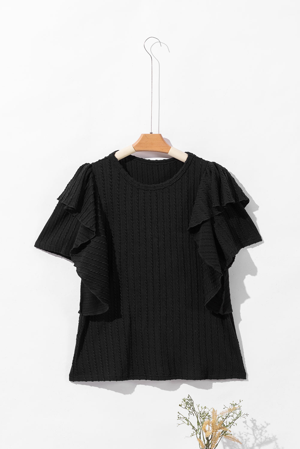 Black Braided Textured Ruffled Sleeve Top