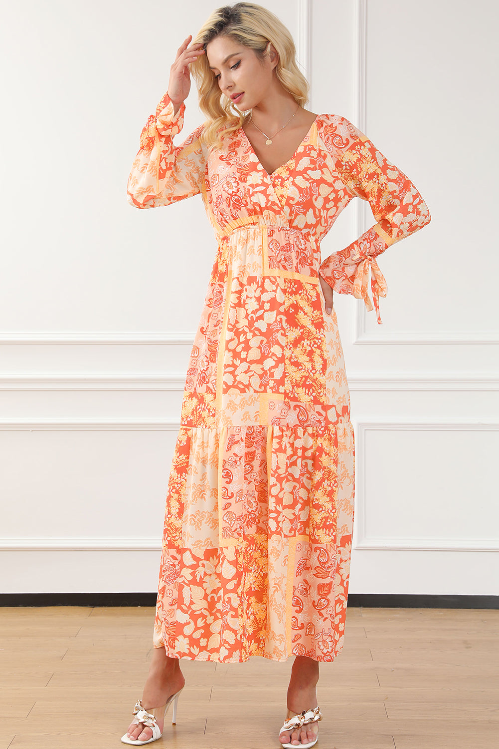 Orange Boho Floral Wrap V Corcha con cuello Vestido de manga larga