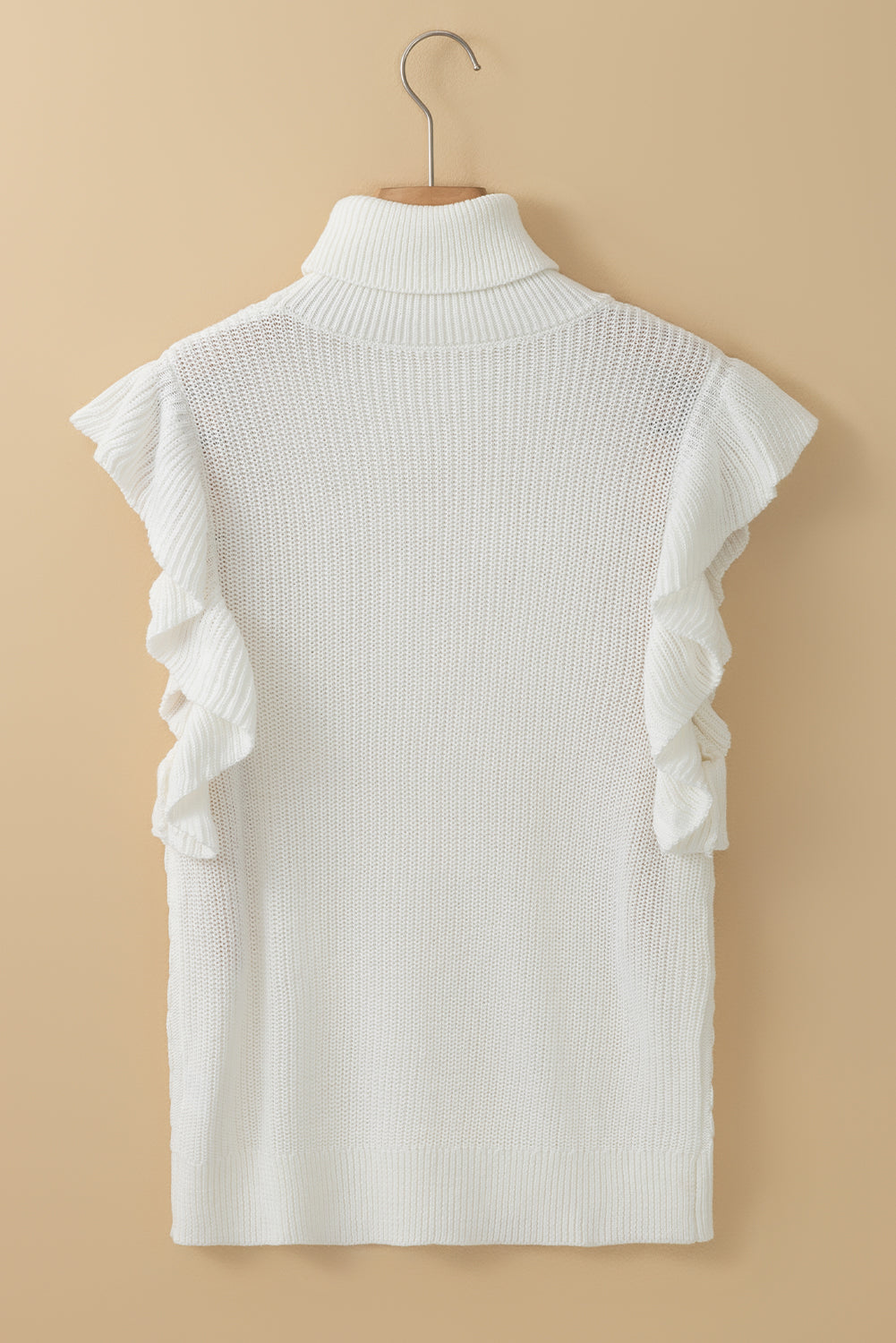 White Turtle Neck Short Sleeve Cable Knit Ruffled Sweater