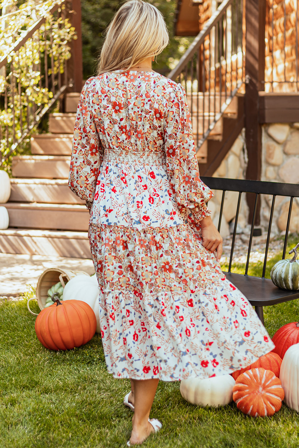 Khaki Floral Print Ruffle Midi Dress with Long Sleeves and V-Neck