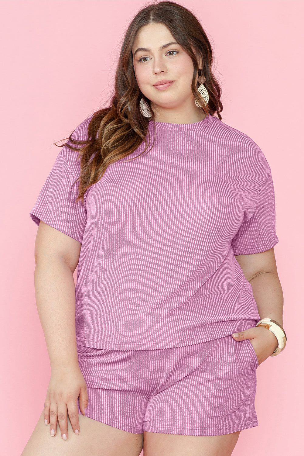 Phalaenopsis Plus Size Ribbed Knit T-Shirt and Shorts Set