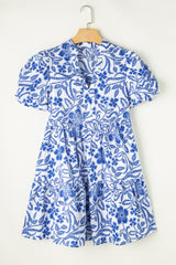 Robe étagée à manches bouffantes et imprimé floral bleu