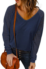 Blue V-neck top with sheer stripes