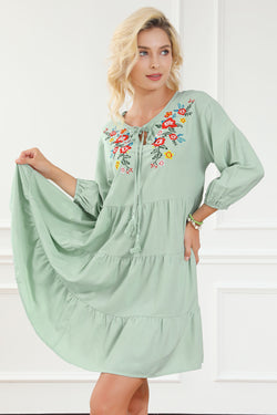 Green tiered floral embroidered ruffle dress