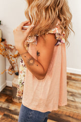 Chemisier à manches volantées et col carré en patchwork floral rose abricot-A WOMAN WE LOVE