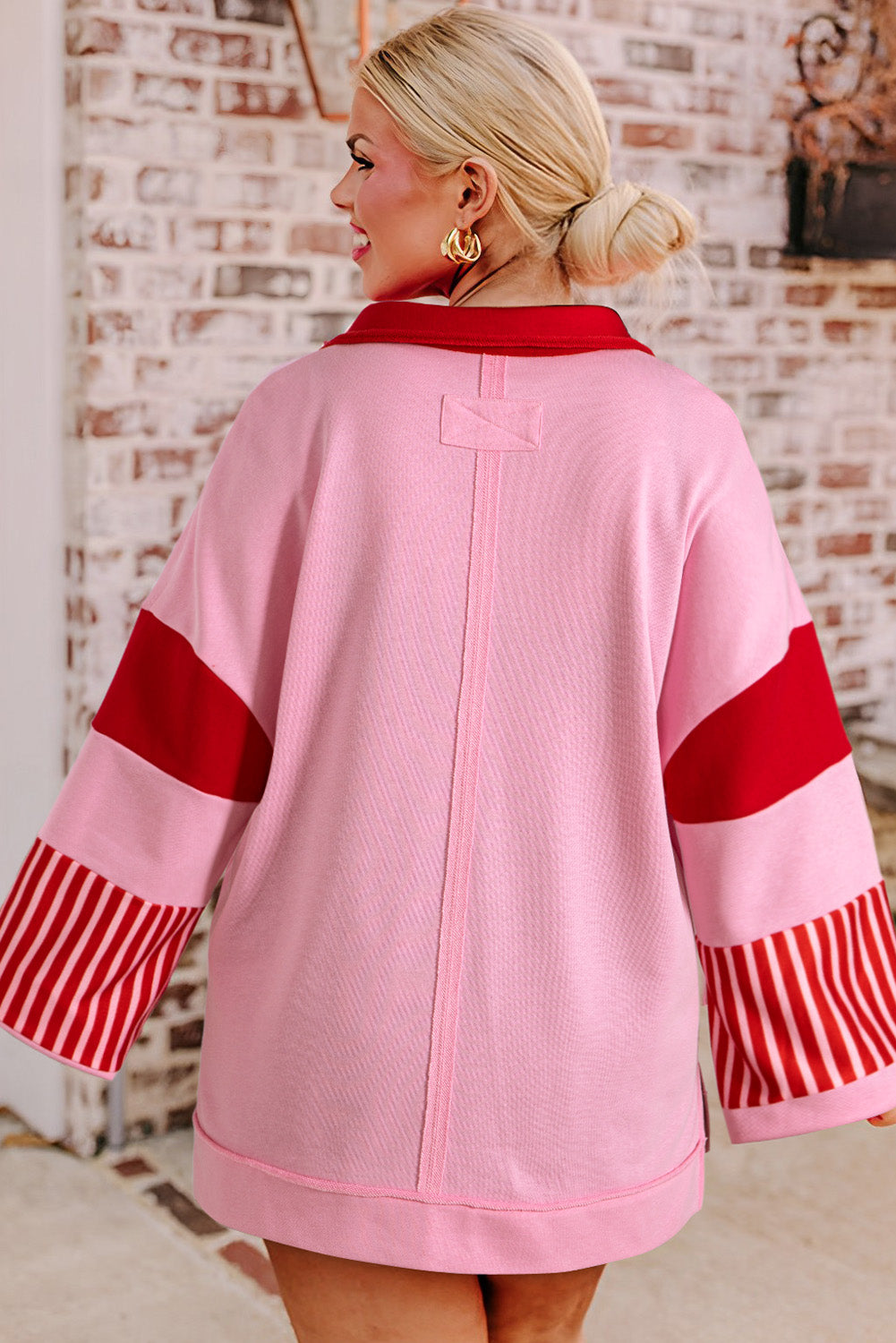 Plus Size Pink Striped Patchwork Side Split Neck Sweatshirt