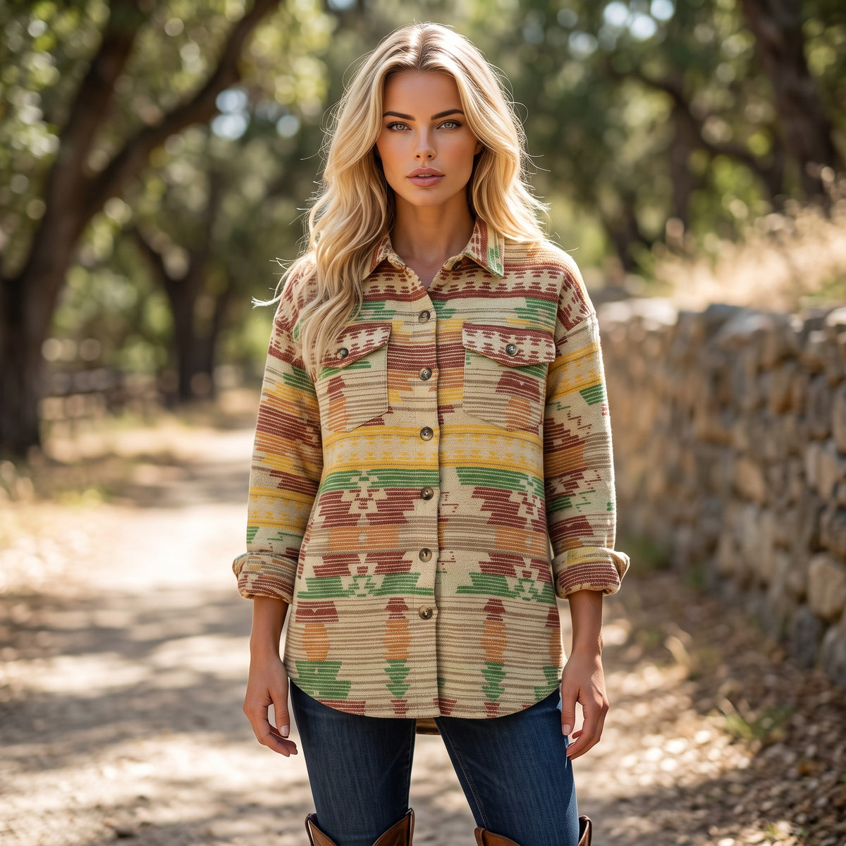 Veste-chemise jaune à imprimé aztèque western et poches à rabat