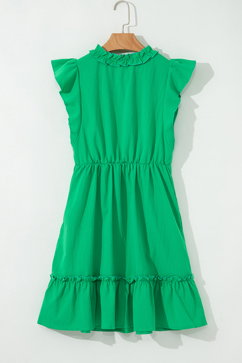 Bright green v-neck slit dress with elastic ruffle waist