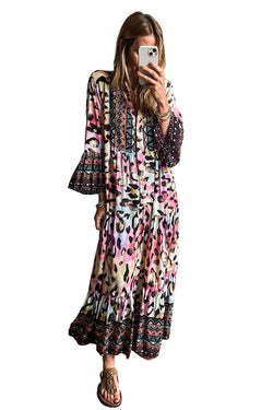 Western Leopard Print Maxi Dress with 3/4 Sleeves Button Front Tiered Pink