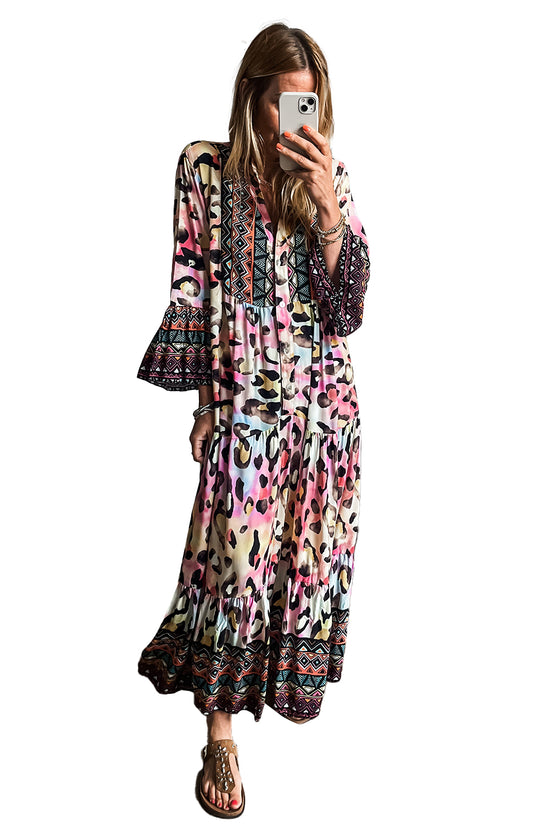 Western Leopard Print Maxi Dress with 3/4 Sleeves Button Front Tiered Pink