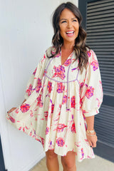 Babydoll rosa de baby-tope con estampado floral, mangas con globo, V collar