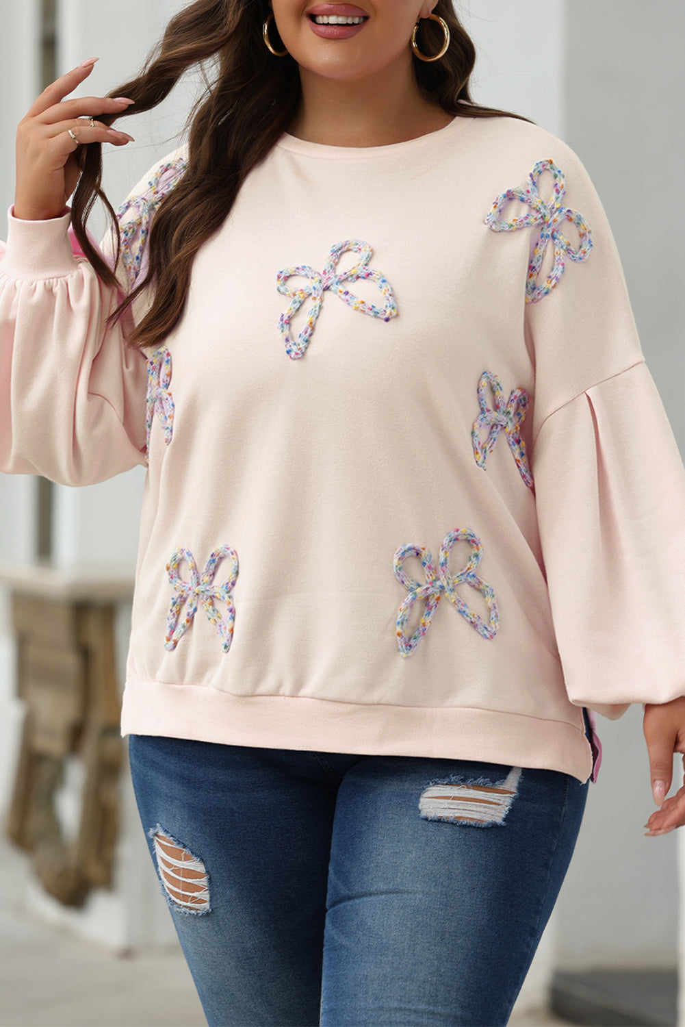 Sweat-shirt oversize à manches lanterne et nœud brodé parchemin