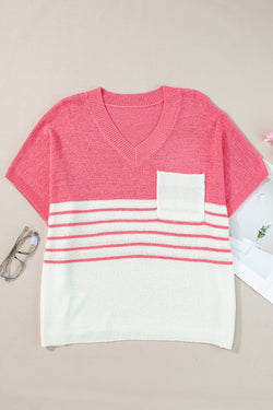 Strawberry Pink Contrast Striped Short Sleeve V-Neck Knitted Top