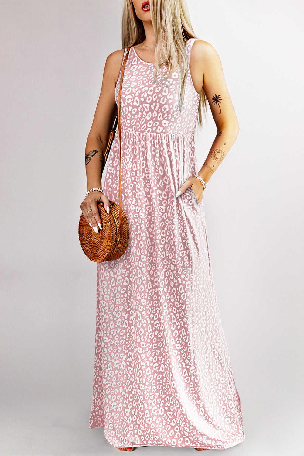 Vestido maxi sin mangas con estampado de leopardo rosa