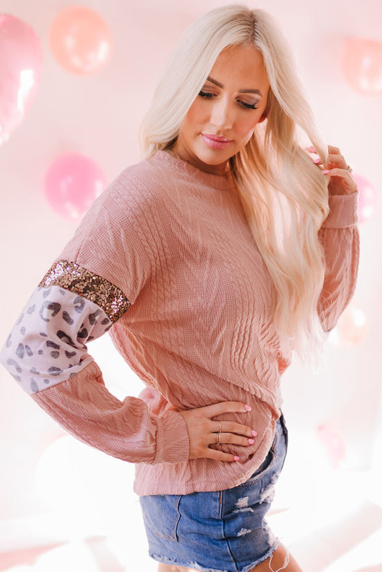 Pink Leopard Sequin Spliced ​​Sleeve Textured Knit Top