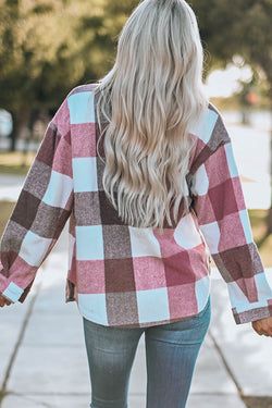 Veste à carreaux à manches longues boutonnée en blocs de couleurs avec poche