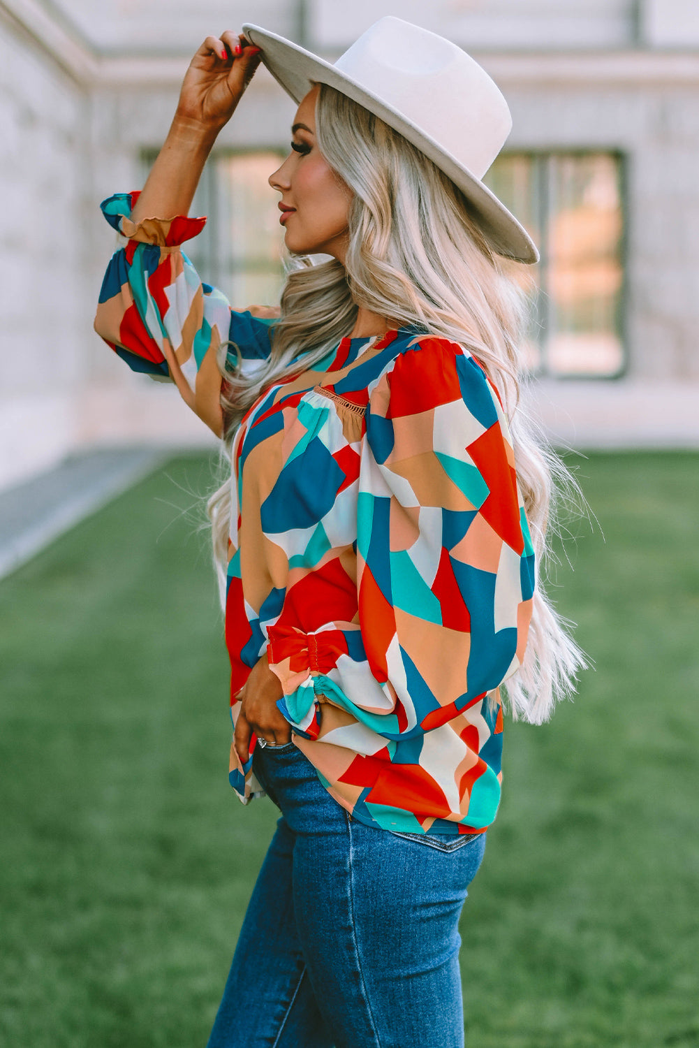 Multicolor abstrakte Muster Crewneck gekräuselte Puffhülle Bluse