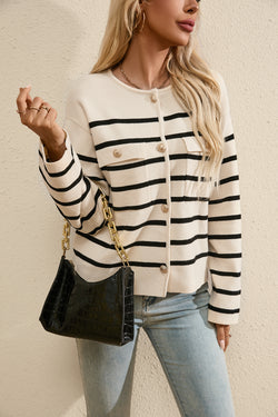 Black striped button cardigan with flap pocket