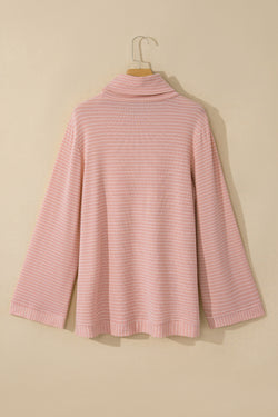 Pink Striped Long Sleeve Cowl Neck Loose Top with Side Slits