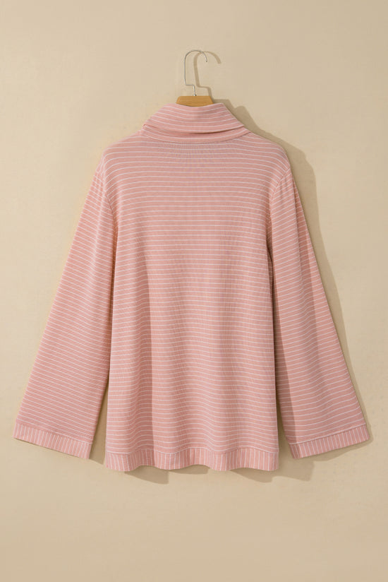 Pink Striped Long Sleeve Cowl Neck Loose Top with Side Slits