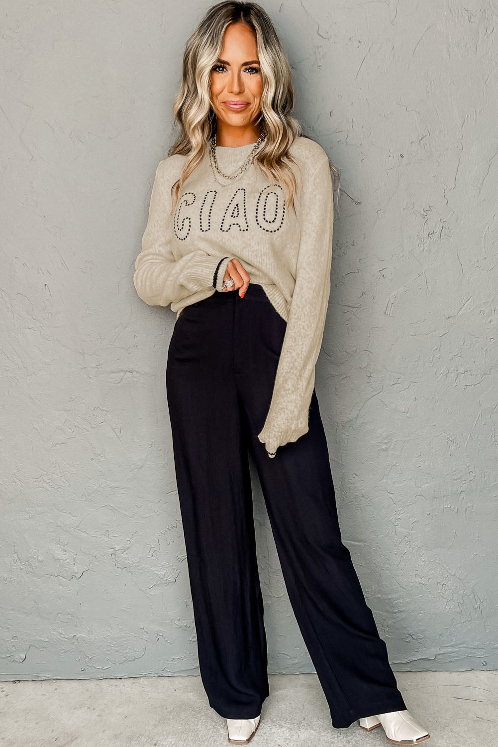 Oatmeal CIAO Letter Graphic Crew Sweater de cuello