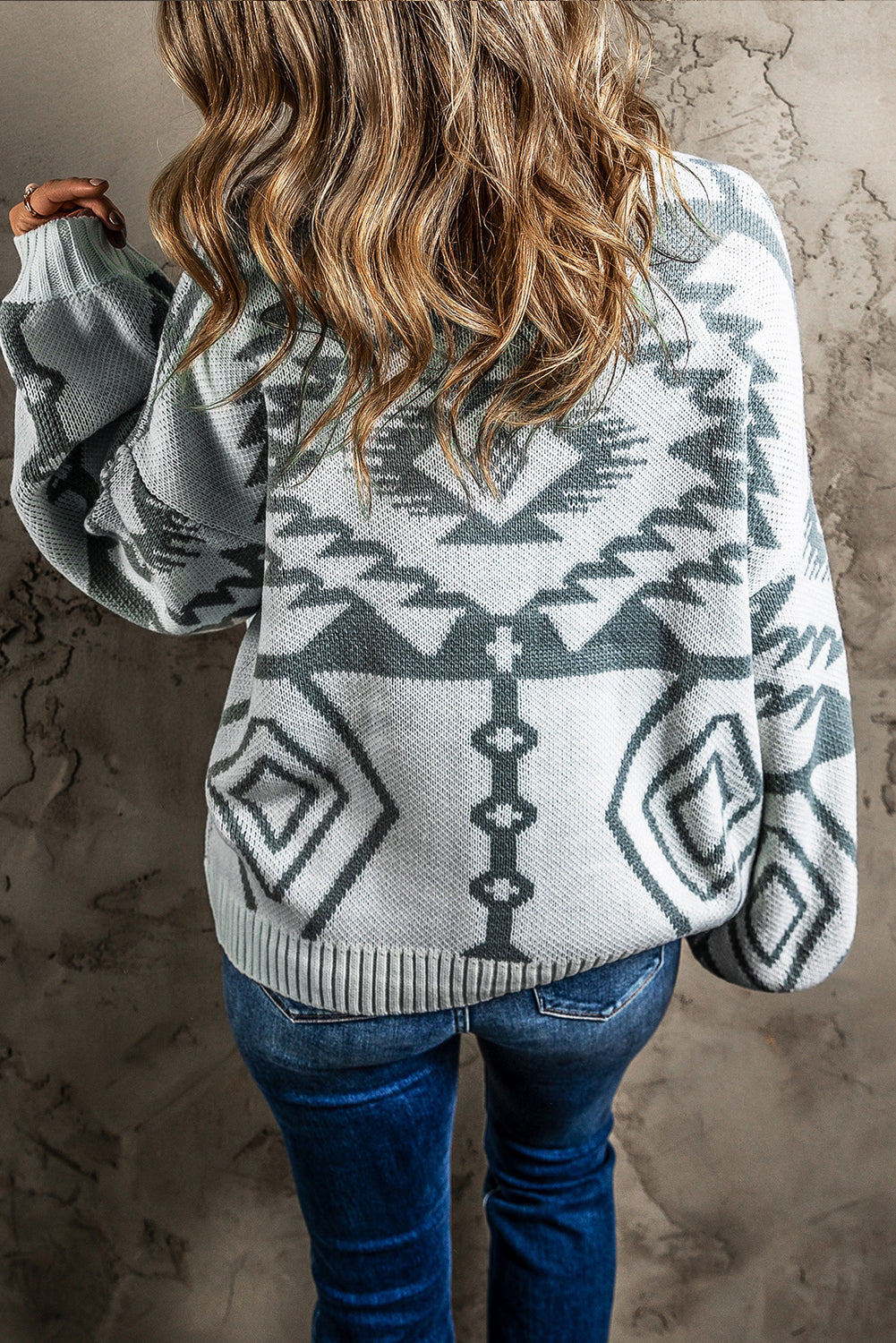 Light gray button-down cardigan with geometric pattern and ribbed trim