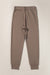 Dark brown jogging pants with pockets and tightening cord at the waist