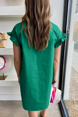 Bright green buttoned short dress with ruffled sleeves and ruched detail