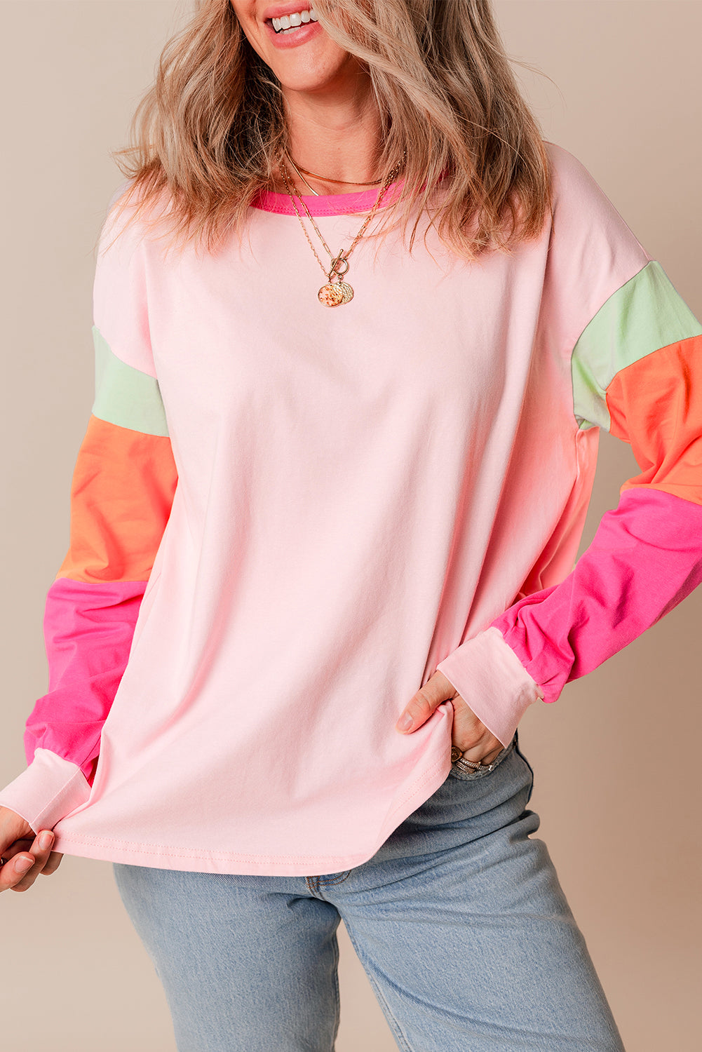 Top sciolto a manica lunga colorblock rosa