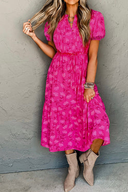 Mid-long pleated fluid dress with floral print and red tightening cord