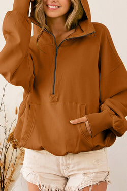 Brown zip-up hoodie with kangaroo pocket and ribbed trim