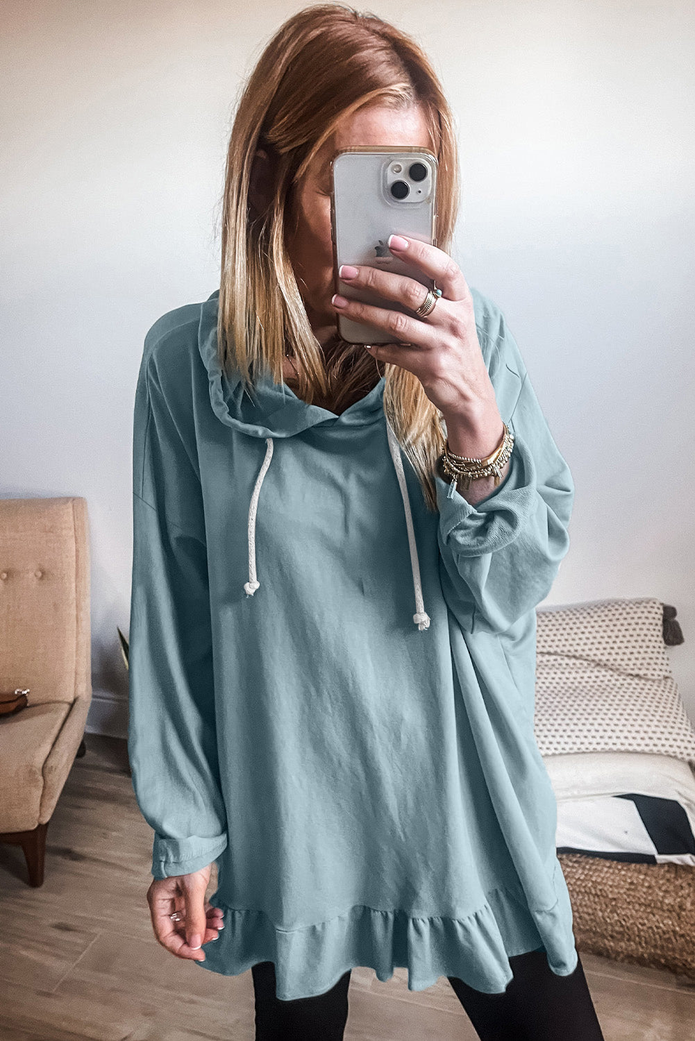 Icelandic Blue Loose Fit Tunic Hoodie with Solid Ruffle Hem