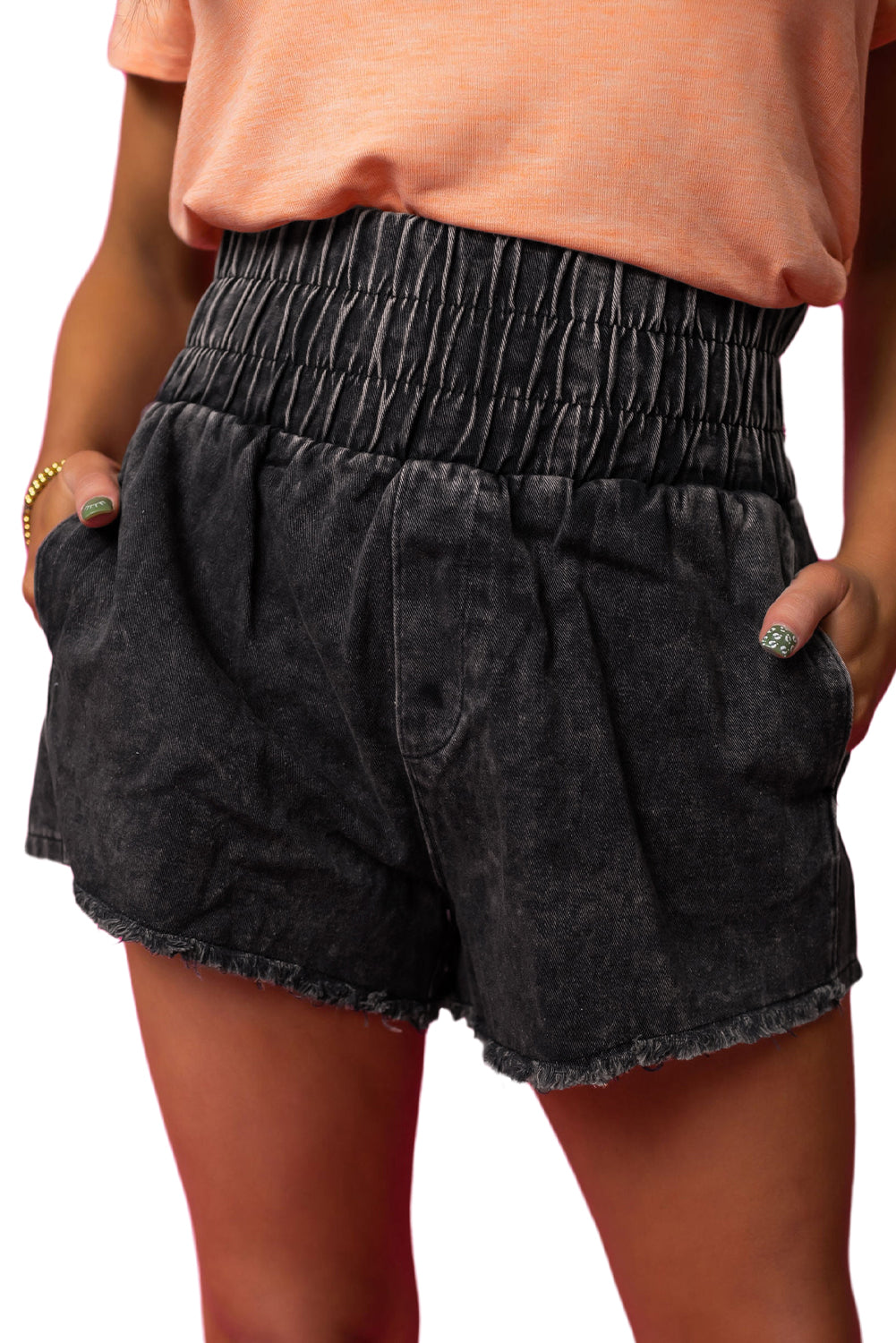 Schwarz, smocked hoher Taillenmineral waschen Jean Shorts